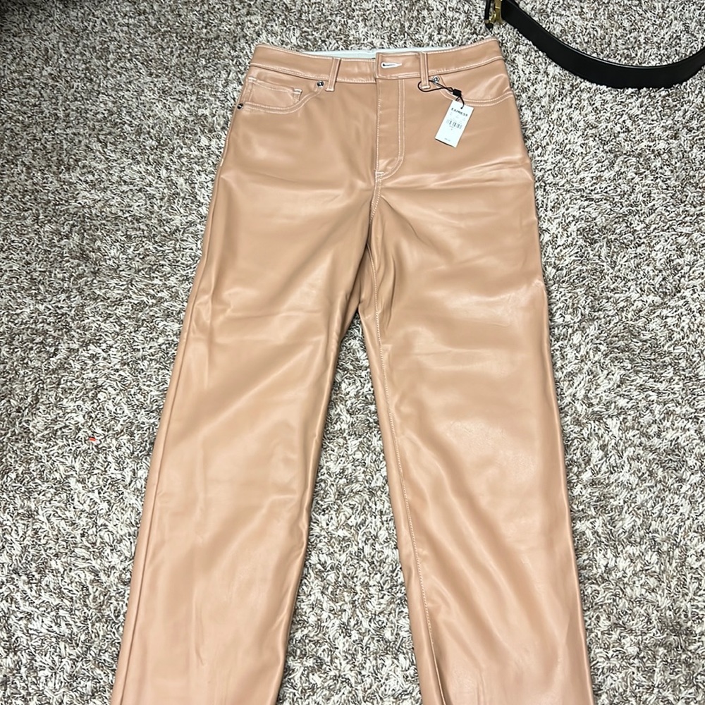 Nude leather straight express pants